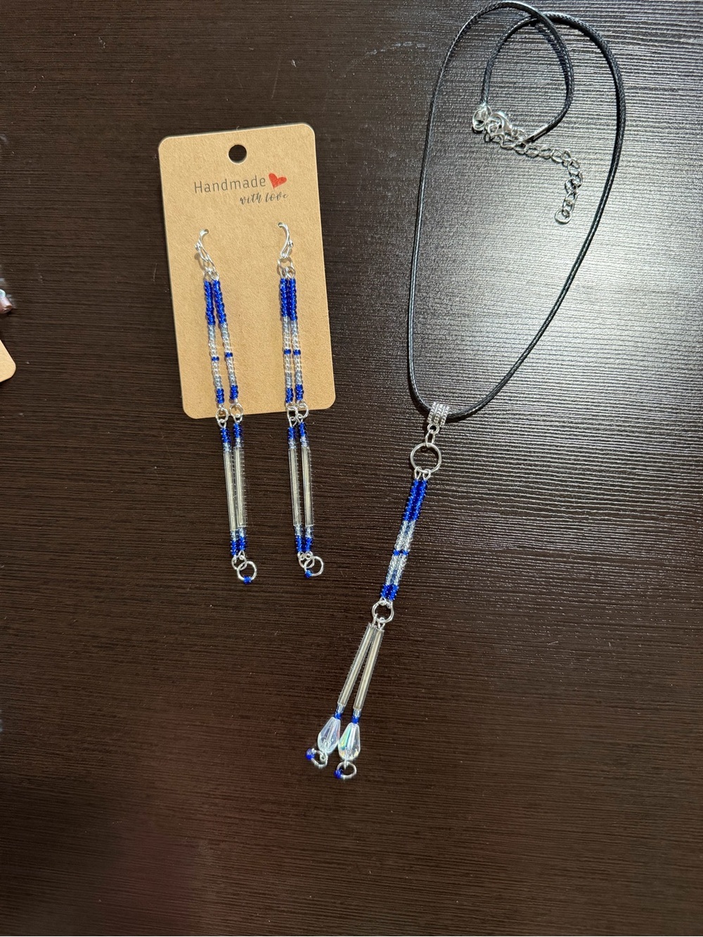 Blue and Silver Beaded Necklace with Matching Earrings